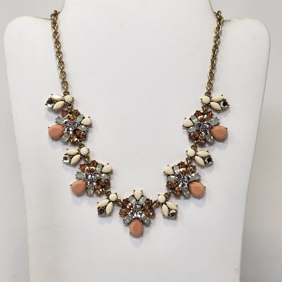 Rhinestone Cluster Statement Gold Tone Chain Necklace Peach Clear Cream Jewelry - Picture 1 of 5